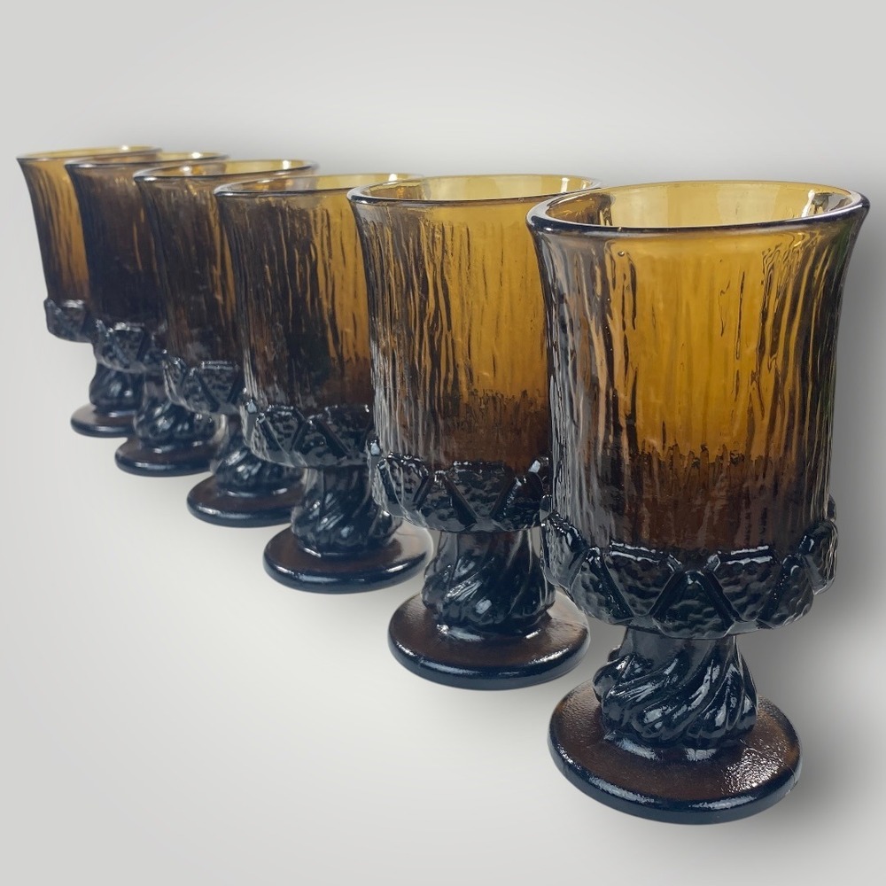 Fostoria Sorrento Brown Glass Water Goblets Set of 6 Vintage 1970s